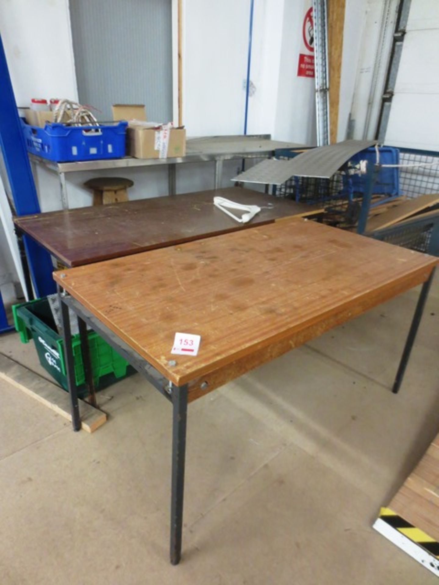 Stainless steel topped steel framed table and two steel framed rectangular tables