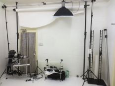 Tripod mounted lighting rig, including Neewer C-300 studio strobe flash, assorted lights, clamps,