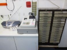 Samsung ER-290 electronic cash register, two steel IS drawer cabinets and Panasonic CD player/radio