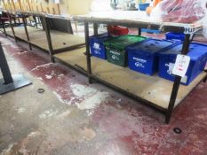 Two steel frame work tables, approx 2440 x 1220mm per table