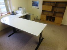 Grey laminate L shape office desk, 3 drawer pedestal unit and oak effect sideboard