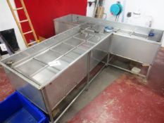 Stainless steel water testing tank, 'T' shape, with exit tap, approx 2.2 x 2.2m