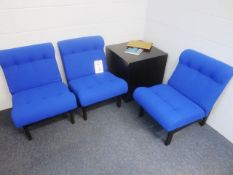 Three blue cloth upholstered reception chairs