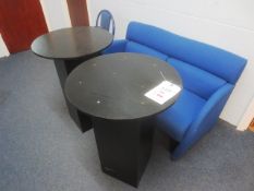 Blue cloth upholstered 2 seater sofa, two black laminate displays and chair