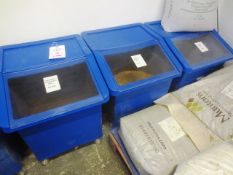 Three mobile, plastic malt storage bins (excluding contents)