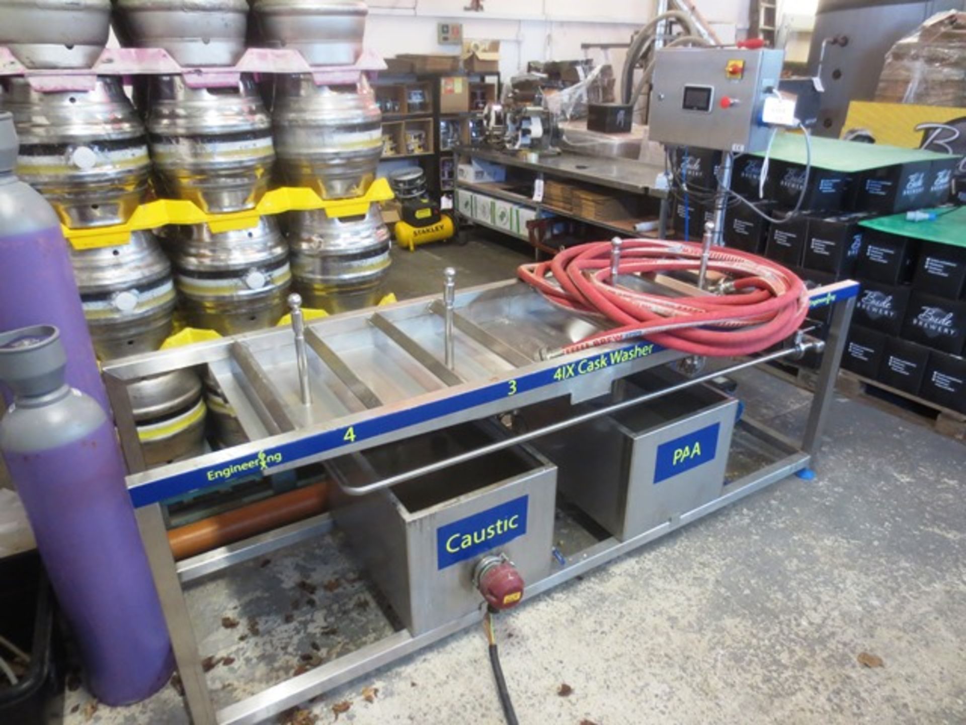 6ixen stainless steel 41X cask washer with control, drain table, caustic / PAPI tank, 5 motorised