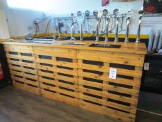 Timber framed rectangular bar, approx 3000 x 650mm, with 6 fitted beer dispensing pumps, EWL