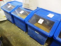 Three mobile, plastic malt storage bins (excluding contents)