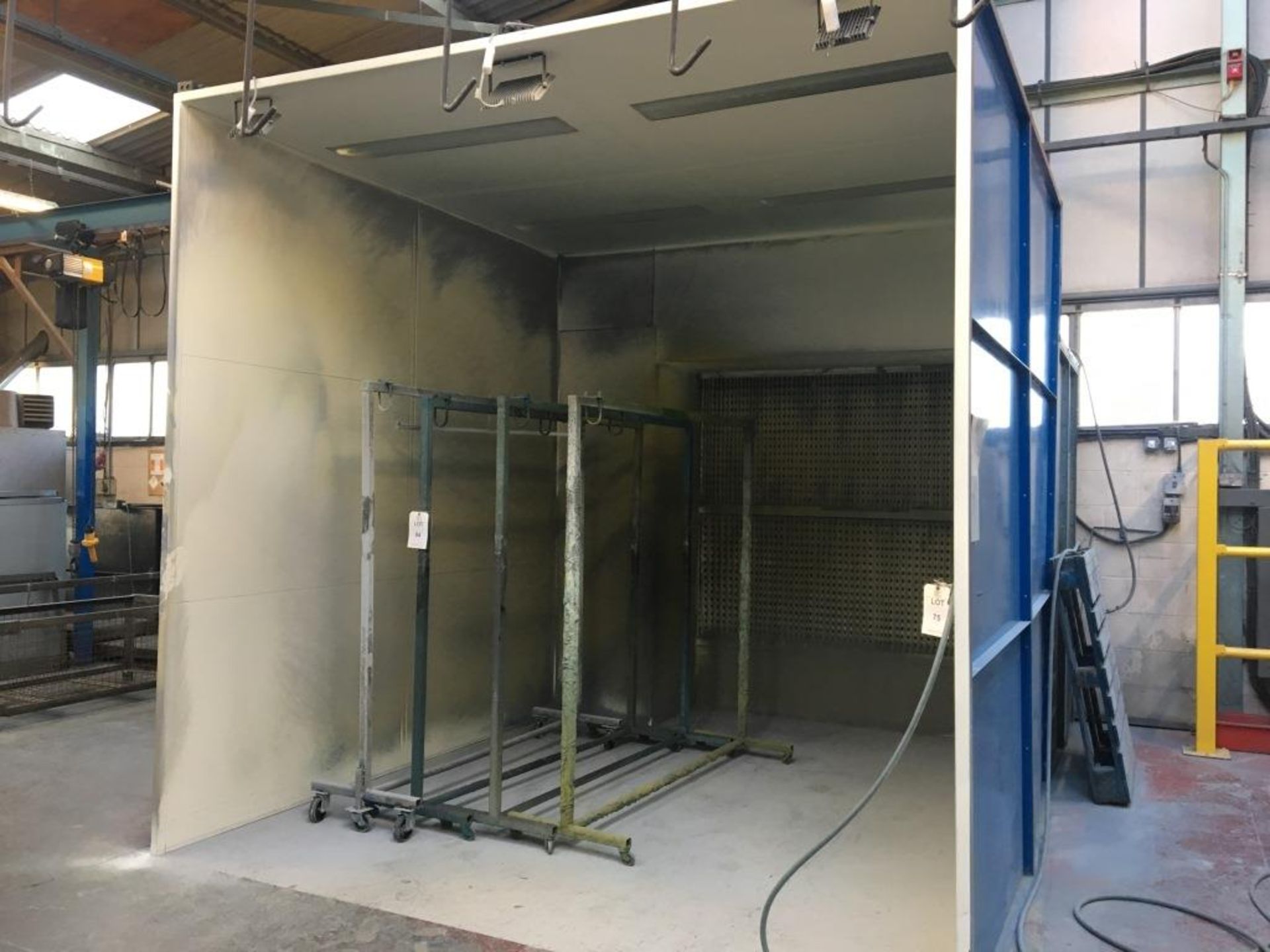 Fabricated spray booth, approx. external dimensions 3.2m wide x 4.8m deep x 3.1m tall. Chimney not