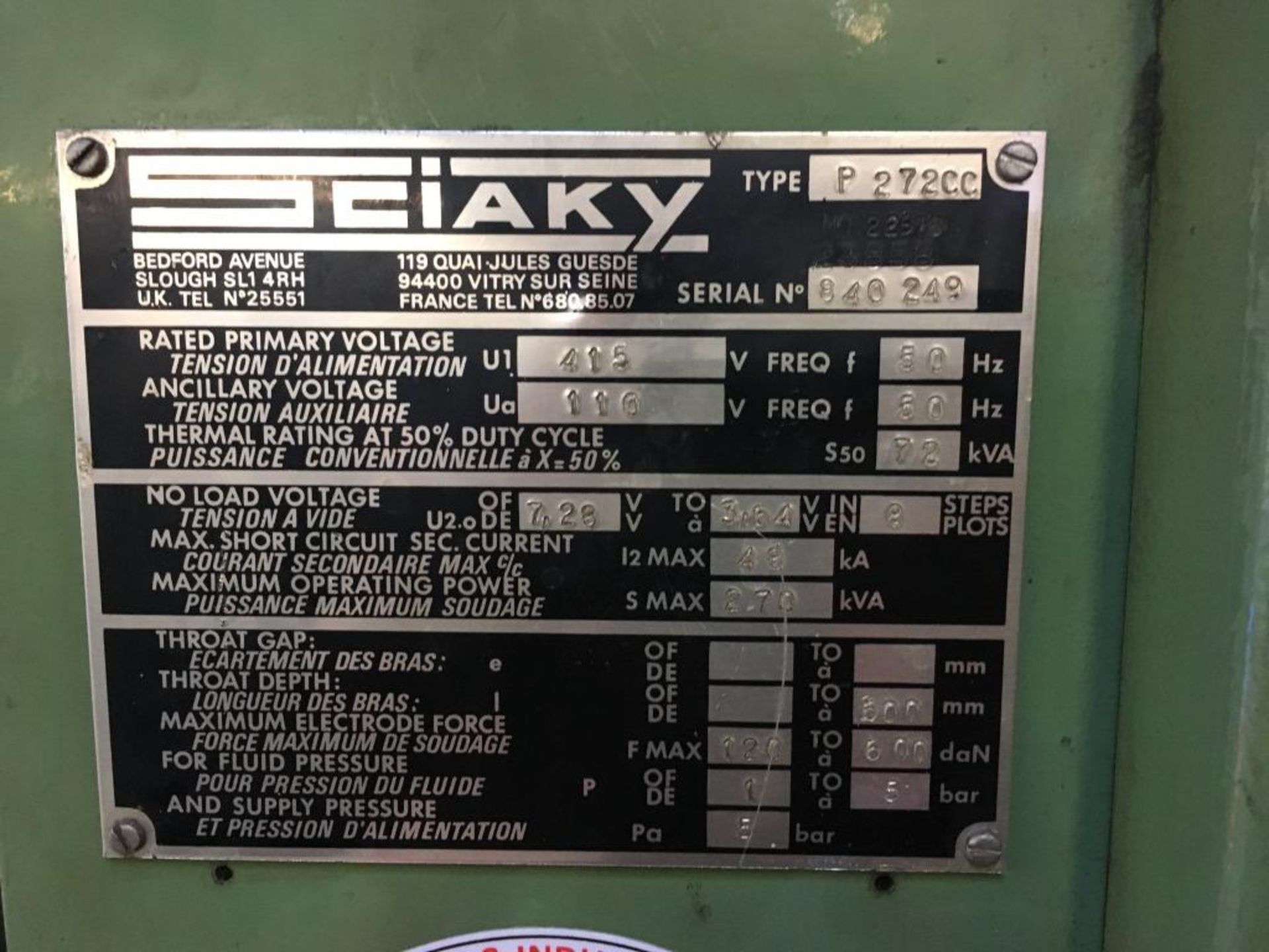 Sciaky P272 spot welder, Serial No. 840249. This lot cannot be confirmed to be in compliance with - Image 2 of 5