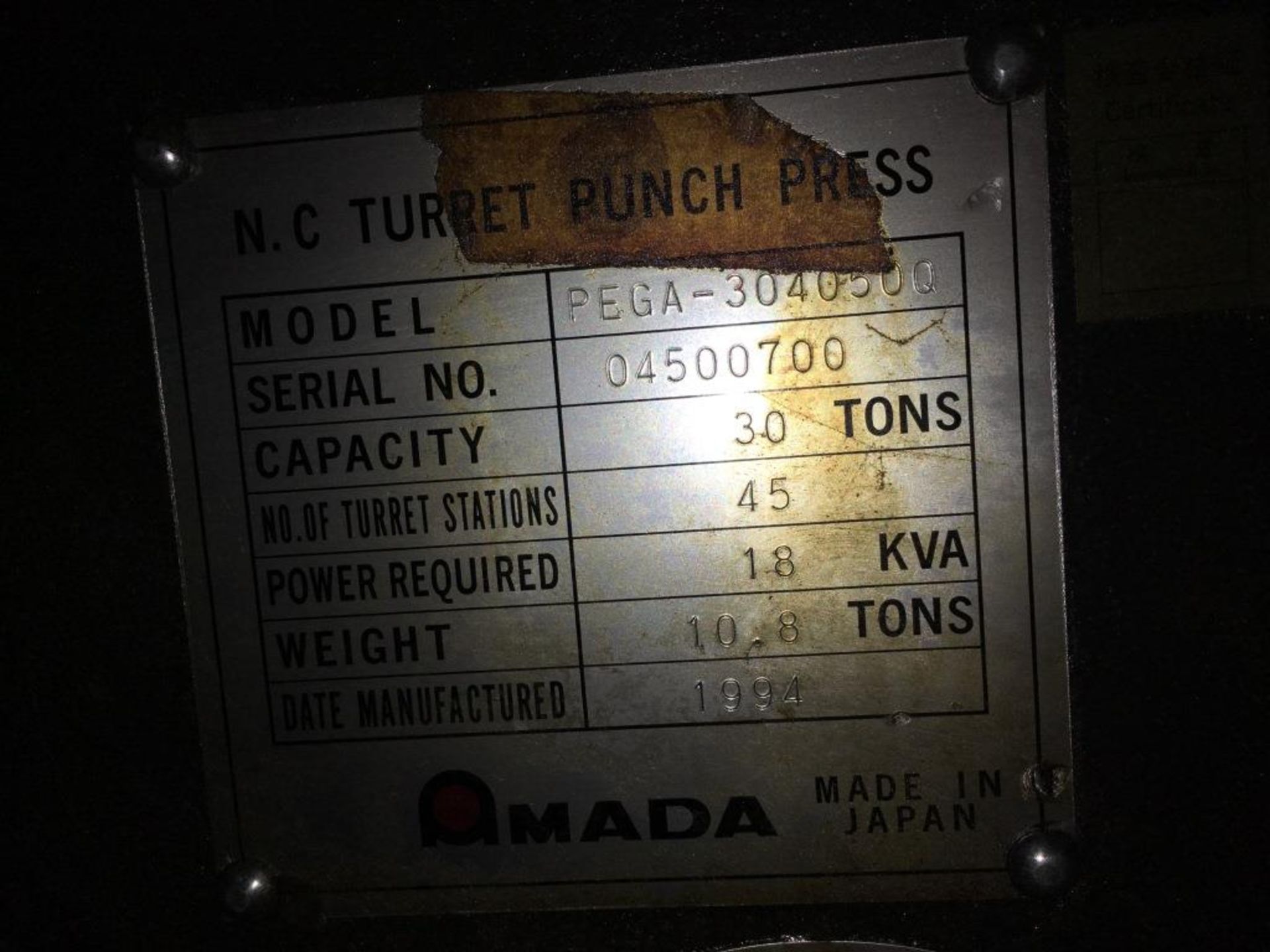 Amada PEGA-345 CNC turret punch with Amadan-04P-C control, 30 ton capacity, Year of Manufacture: - Image 5 of 11