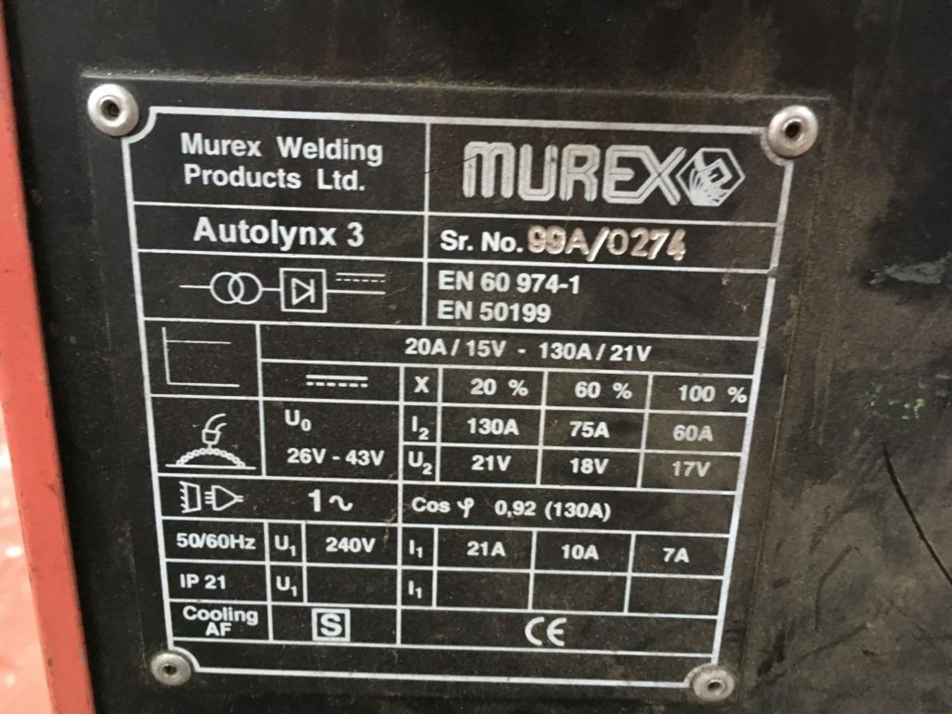 Murex Autolynx 3 mig welder, Serial no. 99A/0274 - Image 3 of 3