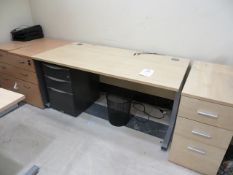 6 matching light oak melamine desks 1600mm x 800mm c/w 8 various pedistals tambour fronted cabinet &