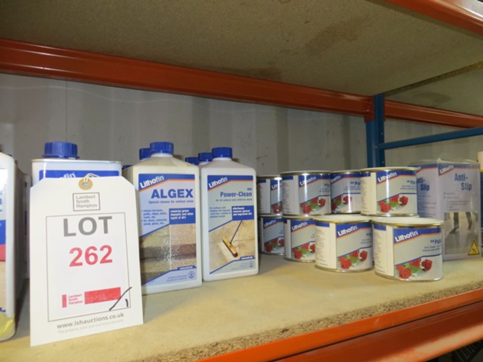 Shelf containing Lithofin Rust-Ex, Easy-Care, Stain-Stop, Outdoor-Cleaner, Wexa, Splash-Stop, - Image 3 of 4