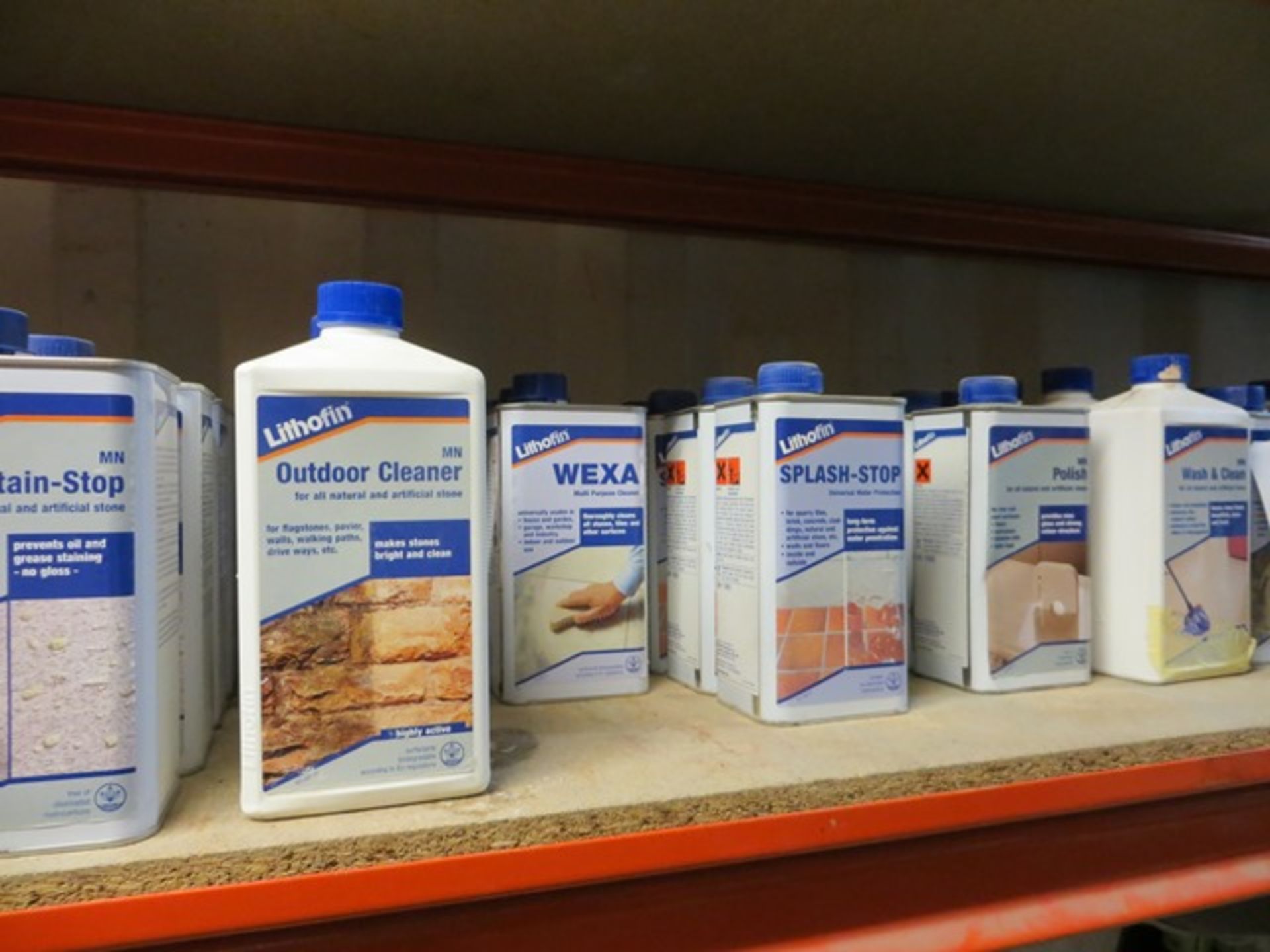 Shelf containing Lithofin Rust-Ex, Easy-Care, Stain-Stop, Outdoor-Cleaner, Wexa, Splash-Stop, - Image 2 of 4