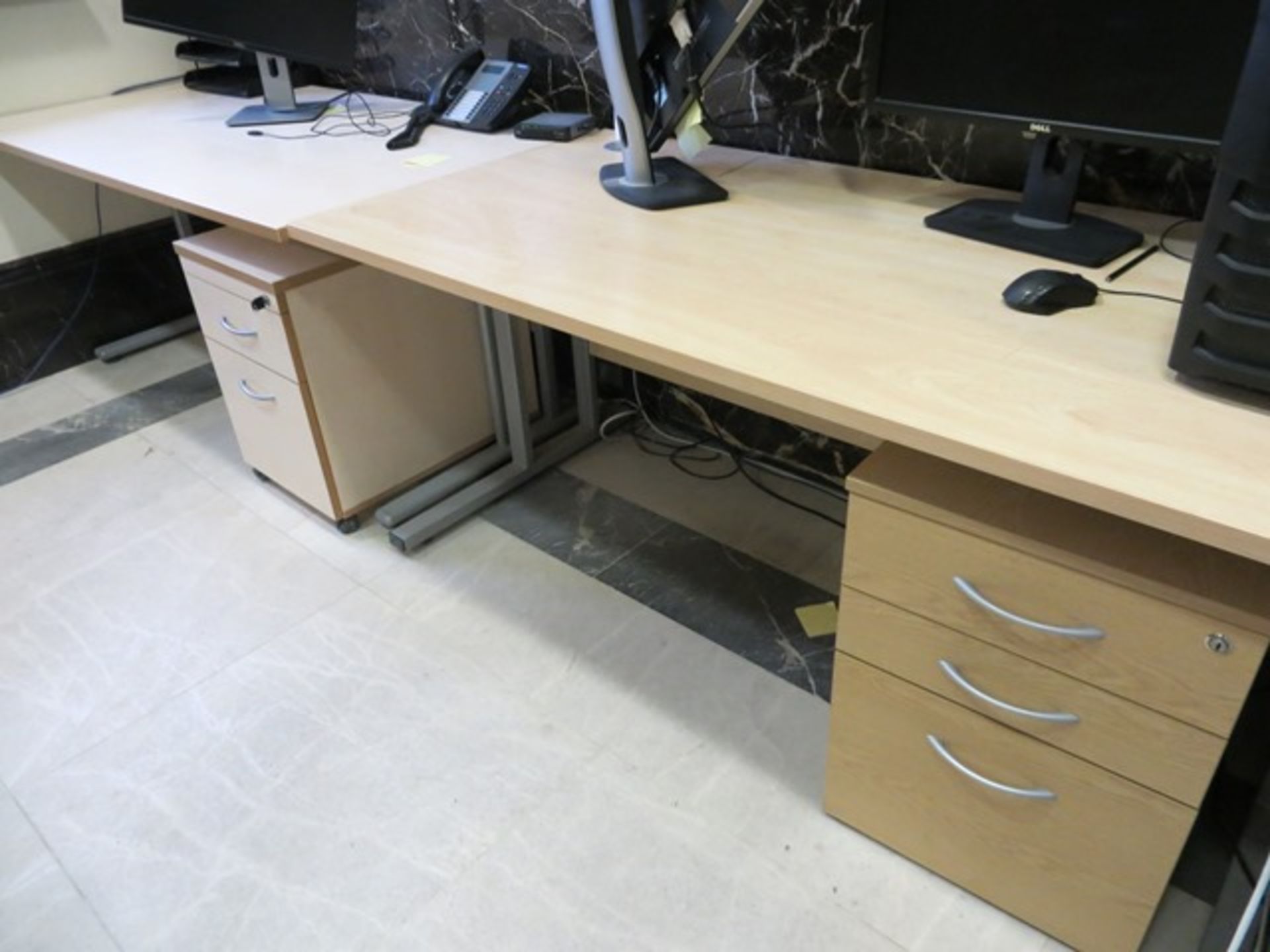 6 matching light oak melamine desks 1600mm x 800mm c/w 8 various pedistals tambour fronted cabinet & - Image 5 of 7