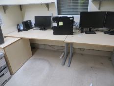 Contents of office to include 6 light oak melamine desks 1600mm x 800mm c/w 4 matching desk high