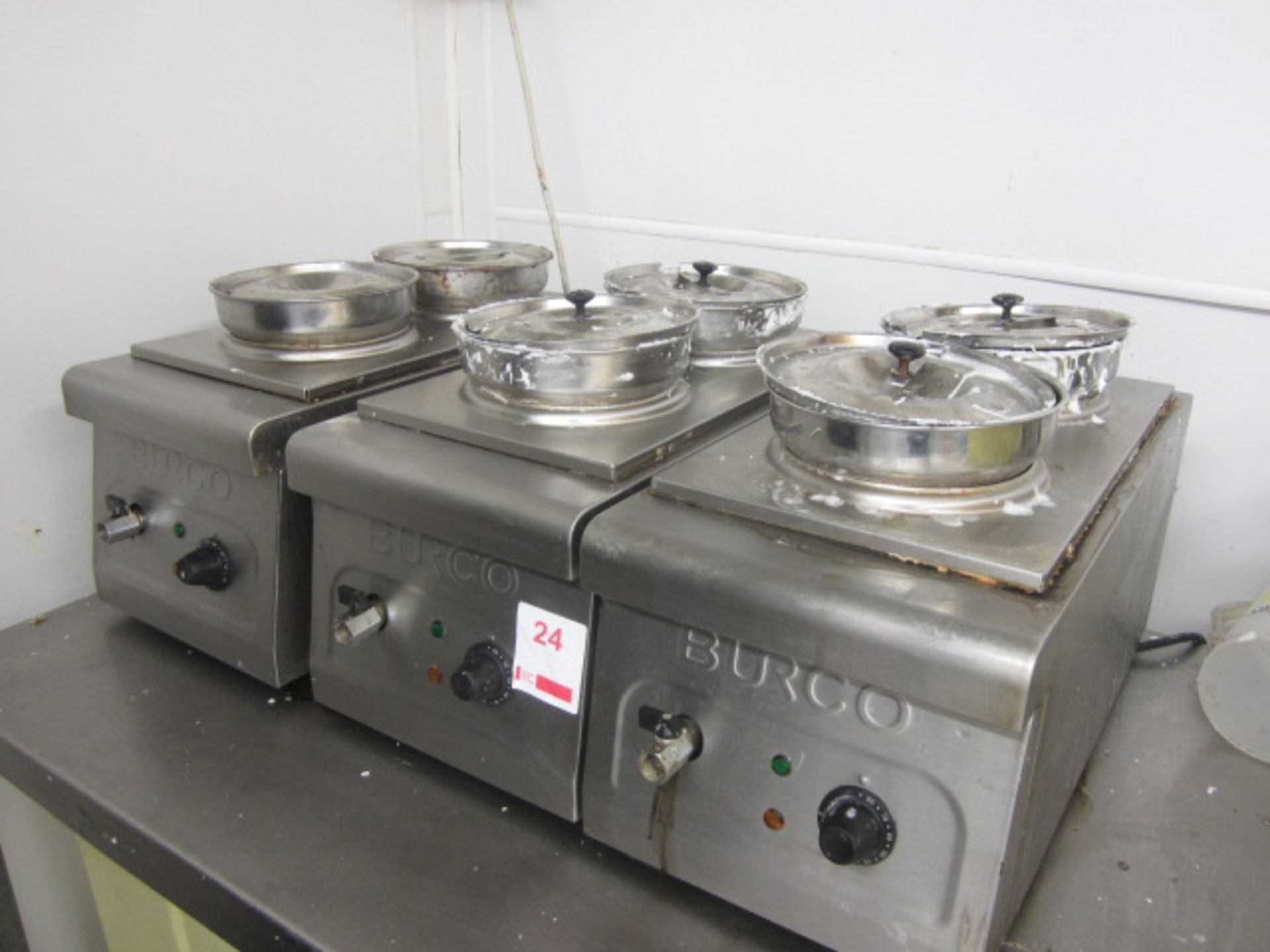 Three Burco stainless steel bench top twin pot Bain Maries