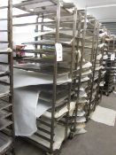 Four steel framed 15-shelf mobile bakers rack trolleys and assortment of trays