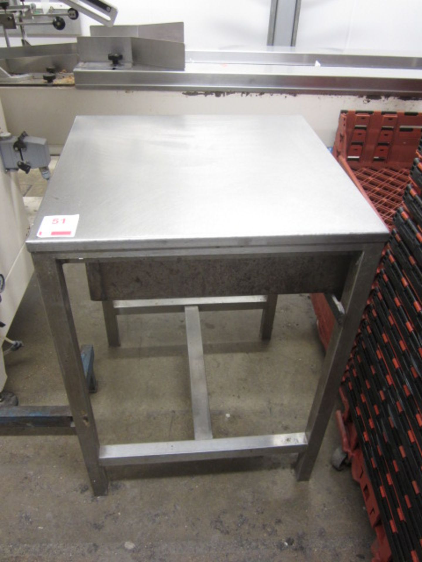 Stainless steel food preparation work surface, with undercounter drawer, approx. 650 x 650mm (Please