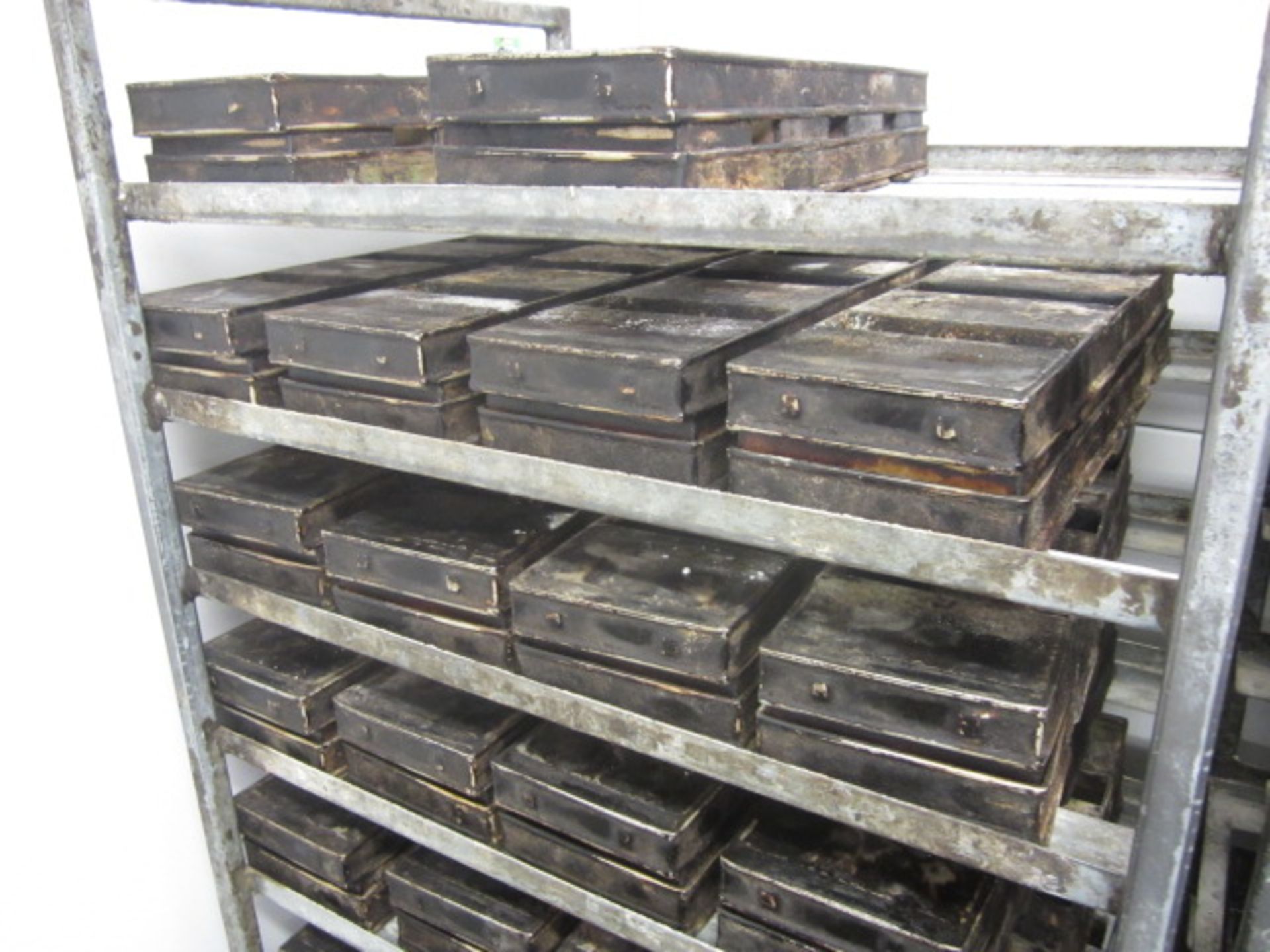 Two Galvanised steel mobile 9-shelf bakers tray trolleys. Width approx. 67 x 4 bakers bread tins - Image 6 of 7