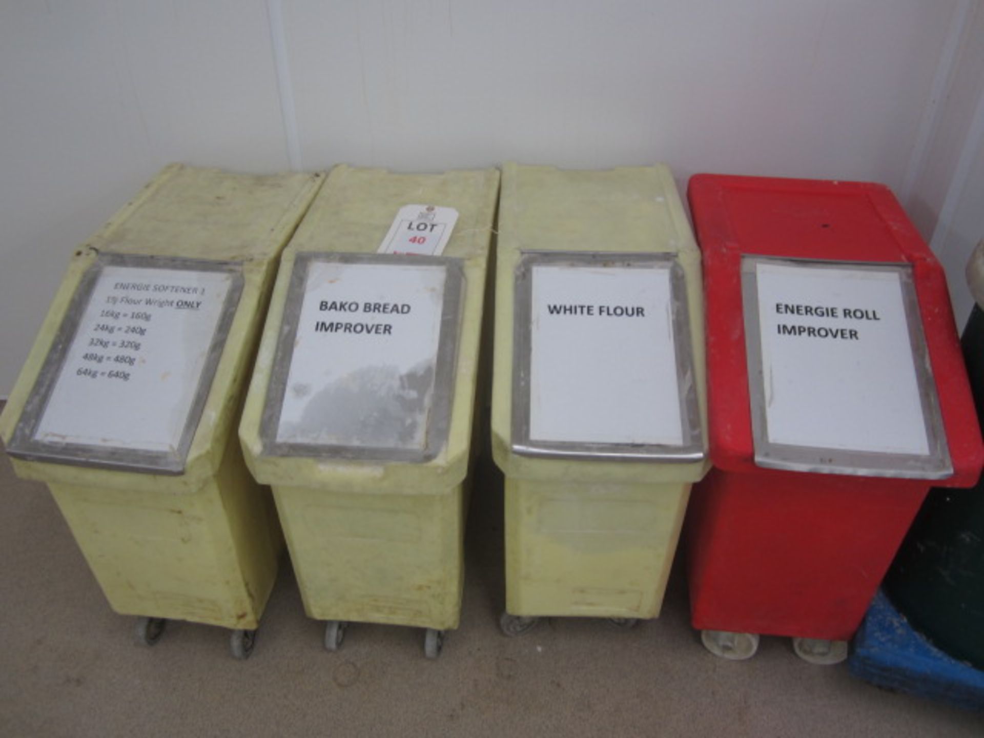 Four plastic mobile ingredients bins and additional mobile dolly trolley with ingredients bin - Image 3 of 3