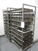 Two Galvanised steel mobile 9-shelf bakers tray trolleys. Width approx. 67 x 4 bakers bread tins