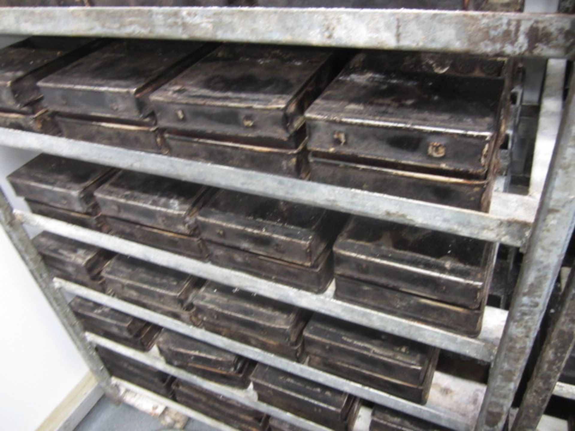 Two Galvanised steel mobile 9-shelf bakers tray trolleys. Width approx. 67 x 4 bakers bread tins - Image 7 of 7