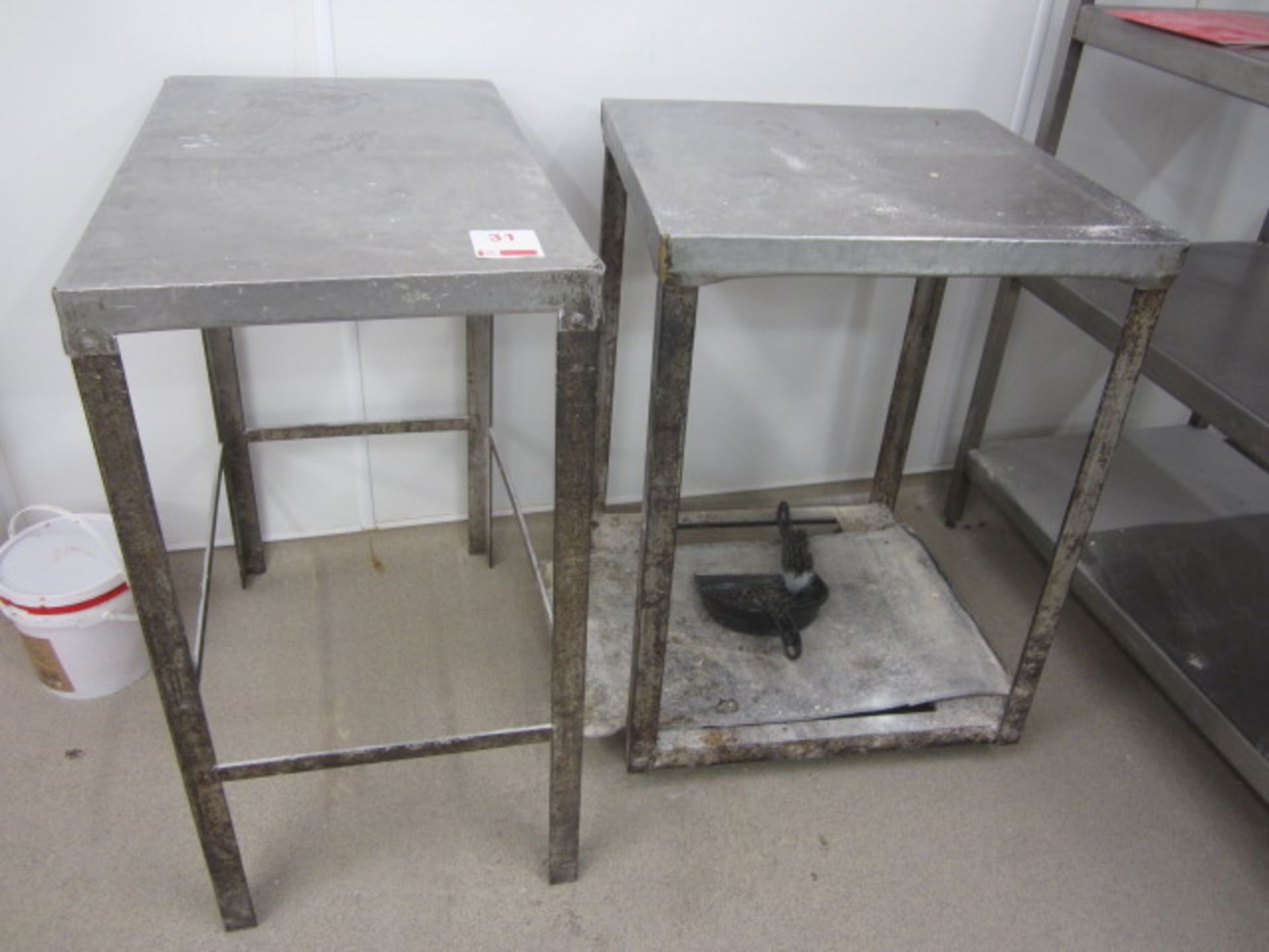 Two stainless steel food preparation work surfaces. Approx. 620 x 620mm and 770 x 470mm (Please