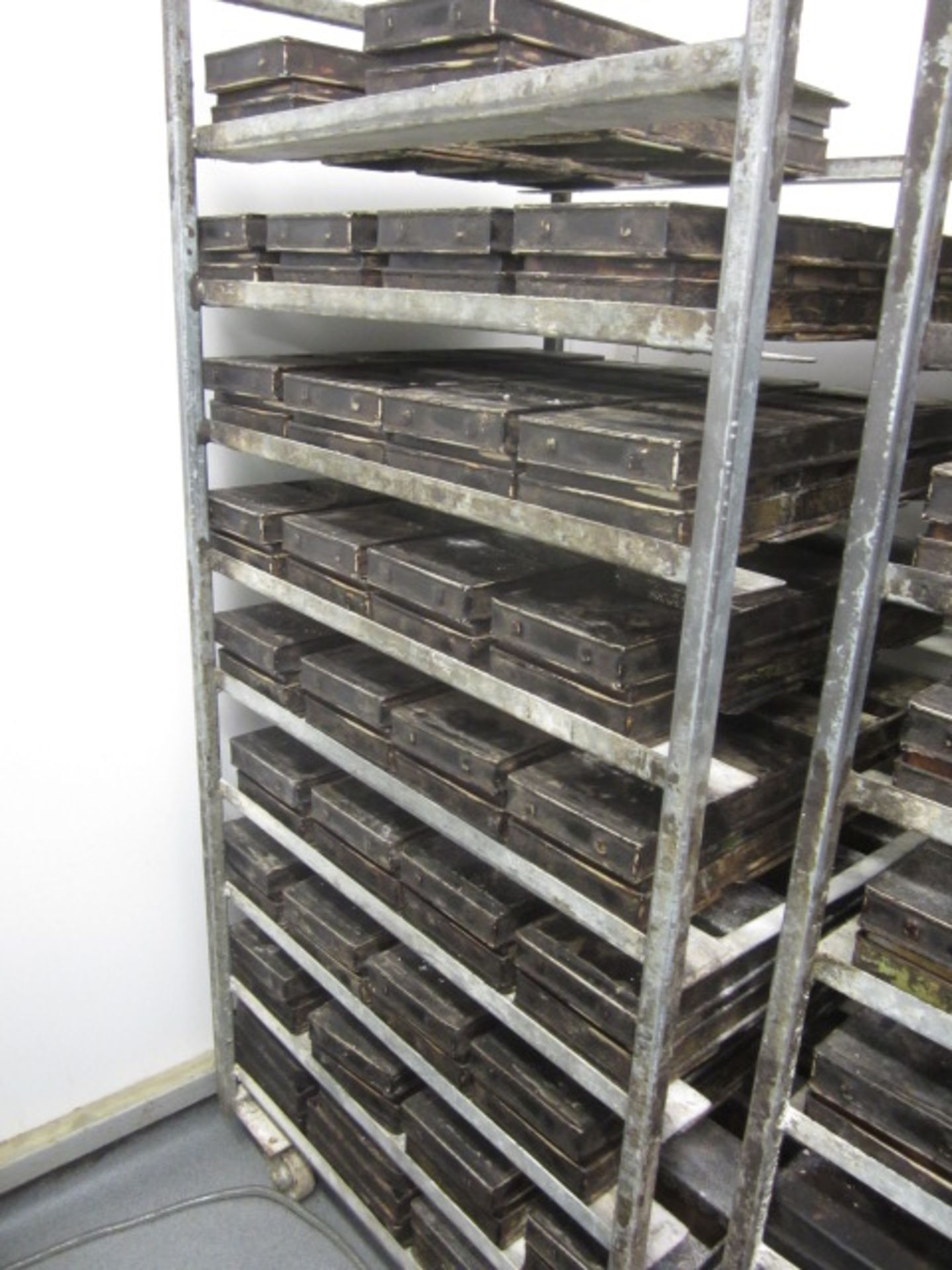 Two Galvanised steel mobile 9-shelf bakers tray trolleys. Width approx. 67 x 4 bakers bread tins - Image 3 of 7