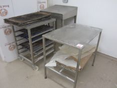 Stainless steel food preparation work surface. Approx. 900 x 600mm, a stainless steel 6-shelf mobile