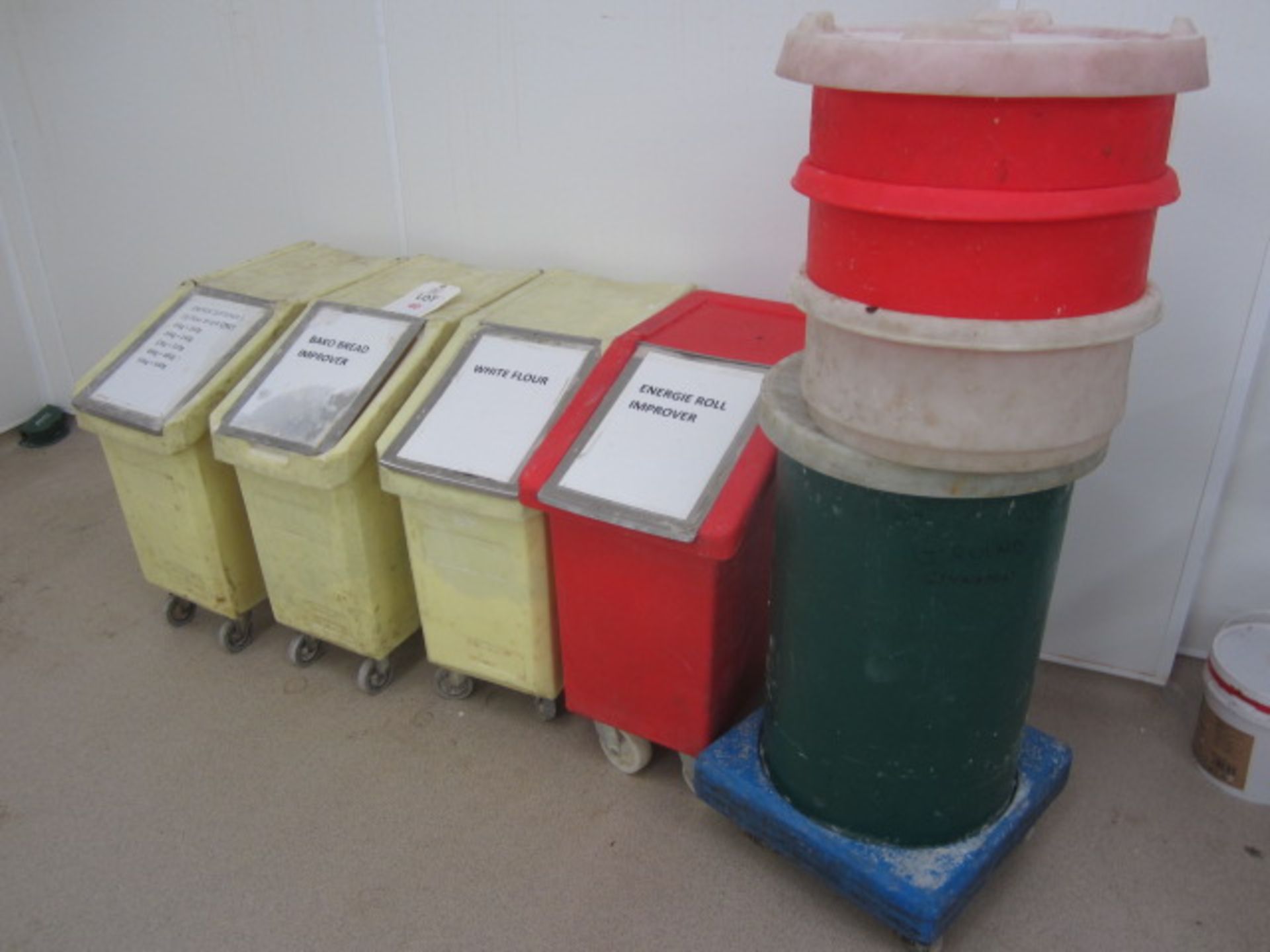 Four plastic mobile ingredients bins and additional mobile dolly trolley with ingredients bin - Image 2 of 3