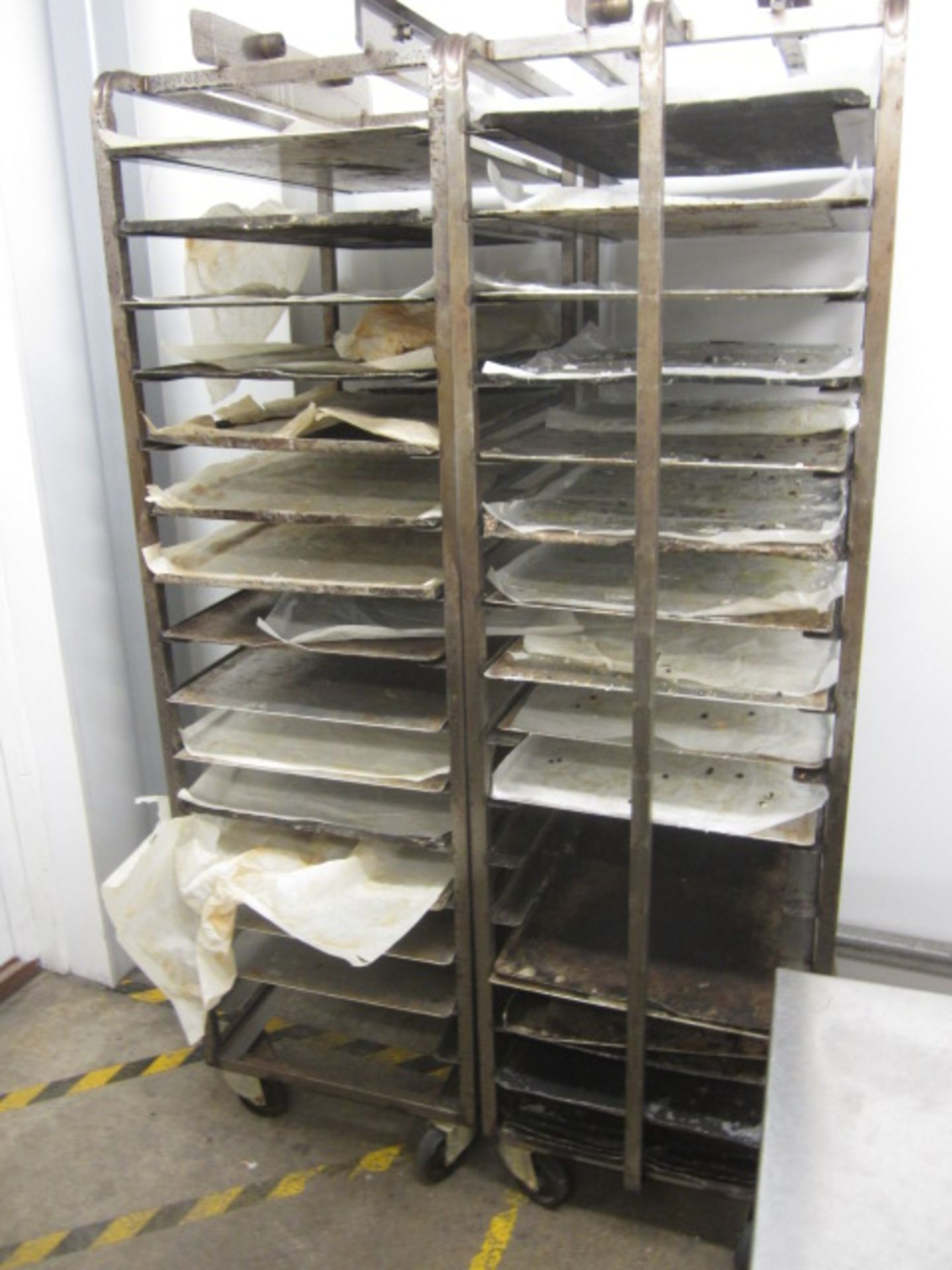 Four steel framed 15-shelf mobile bakers rack trolleys and assortment of trays - Image 3 of 3