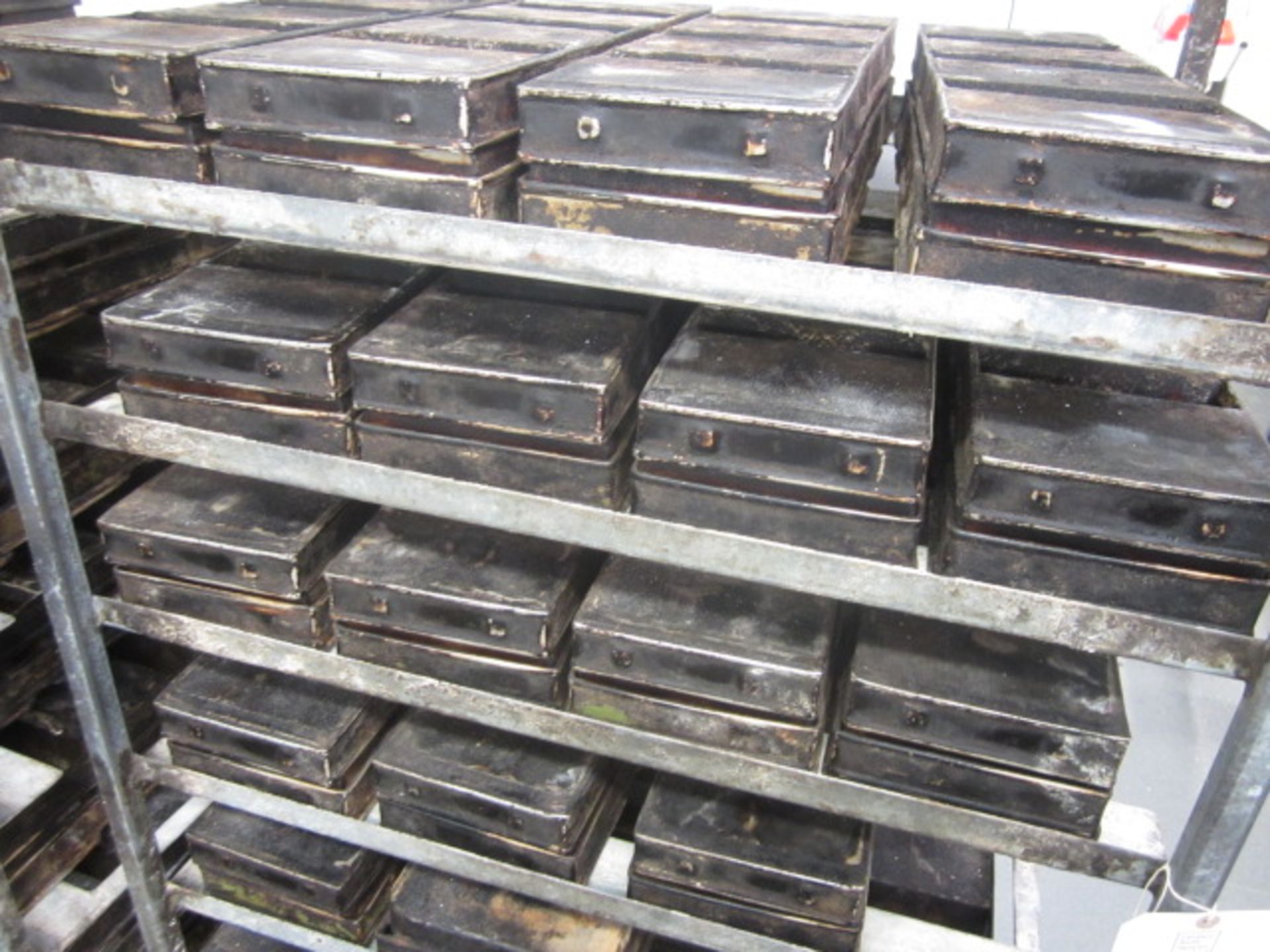 Two Galvanised steel mobile 9-shelf bakers tray trolleys. Width approx. 67 x 4 bakers bread tins - Image 4 of 7