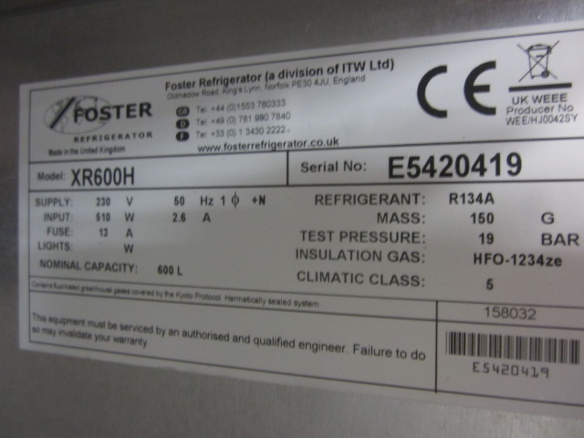 Foster Xtra XR600H stainless steel single door commercial refrigerator unit s/n: E5420419 No - Image 3 of 3