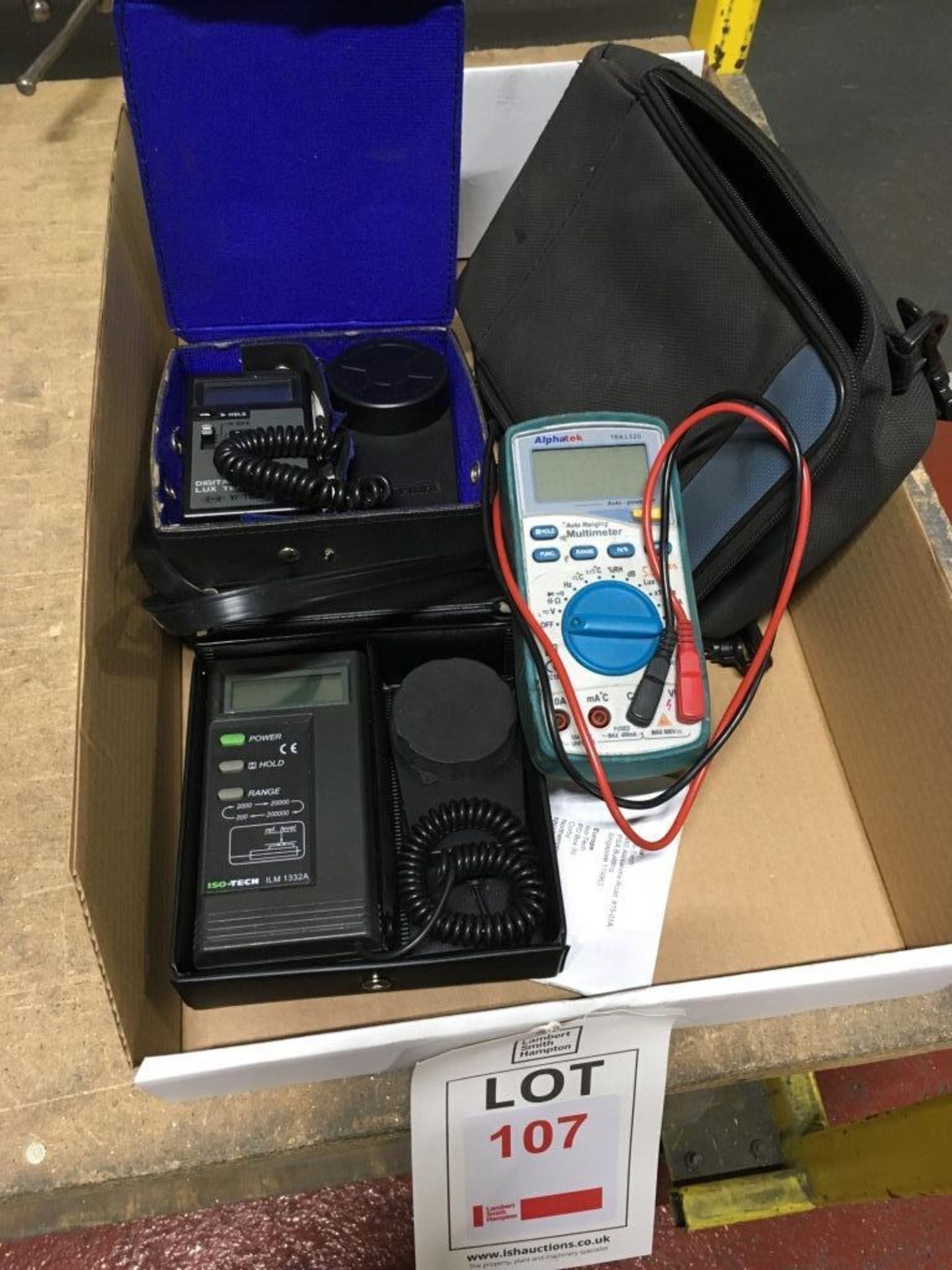 Inspection equipment comprising Alphatek TEK1320 multimeter, ISO TECH ILM 1332A digital light meter,