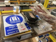 Various health and safety signs, overalls, knee pads, gloves and filters