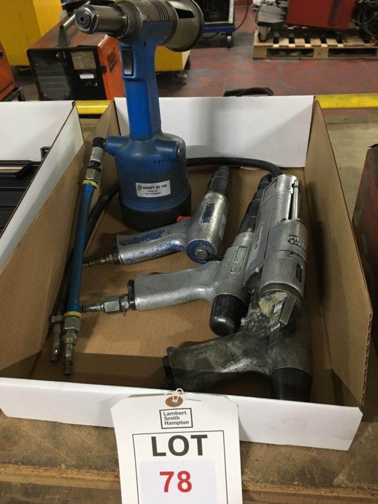 Pneumatic tools comprising: An Avdel G2 rivet gun, an Avdel drill and two Broomv drills