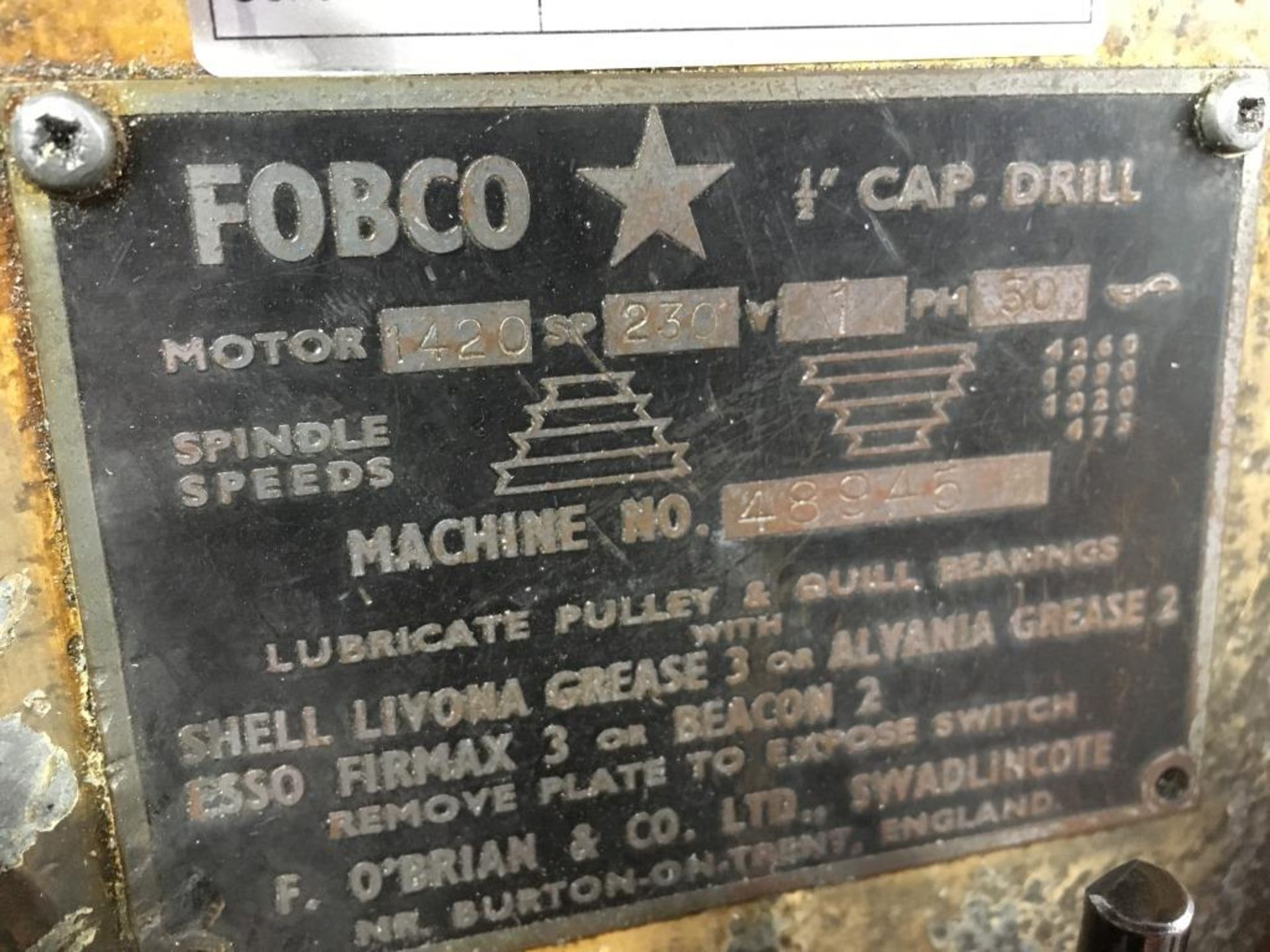 Fobco 1/2" bench drill, Serial No. 48945. NB: This item has no CE marking. The purchaser is required - Bild 2 aus 3