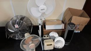 4 assorted fans and 5 assorted fan heaters