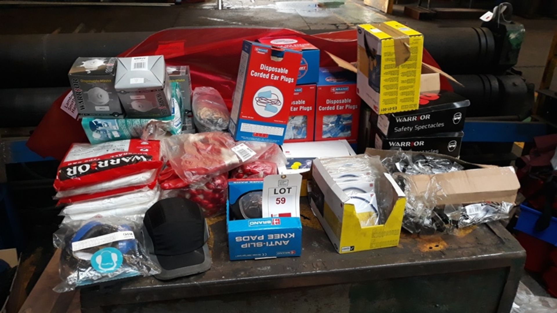 Quantity of assorted PPE including gloves, helmets, dust masks, ear plugs, knee pads, dust suits