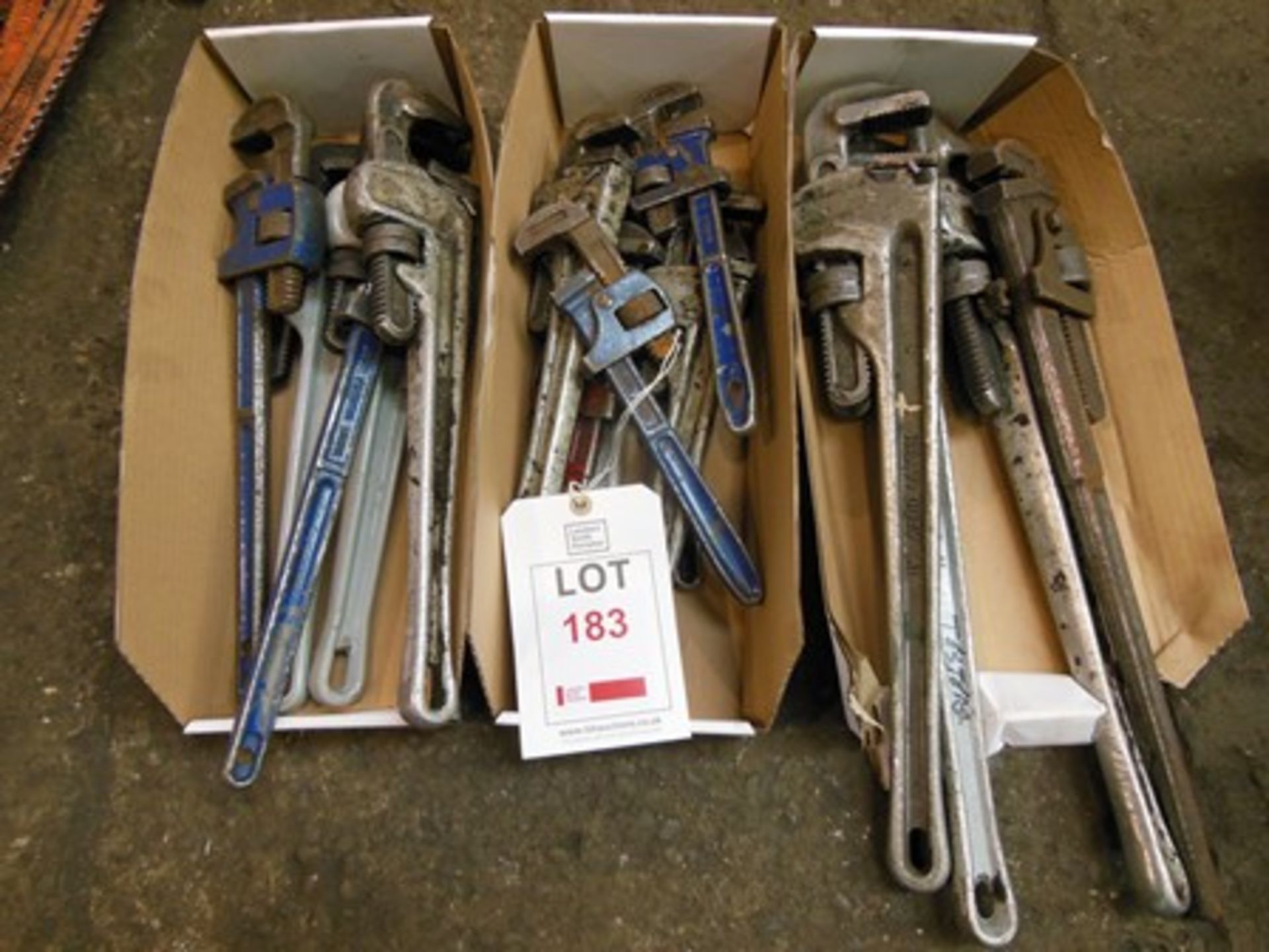 3 boxes of assorted pipe wrenches