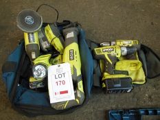 Ryobi cordless set including angle grinder, torch, saw, 2 drill drivers and 2 chargers in 2 bags