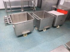 3 Syspal stainless steel ingredients bins, 670mm x 670mm x 500mm internal depth