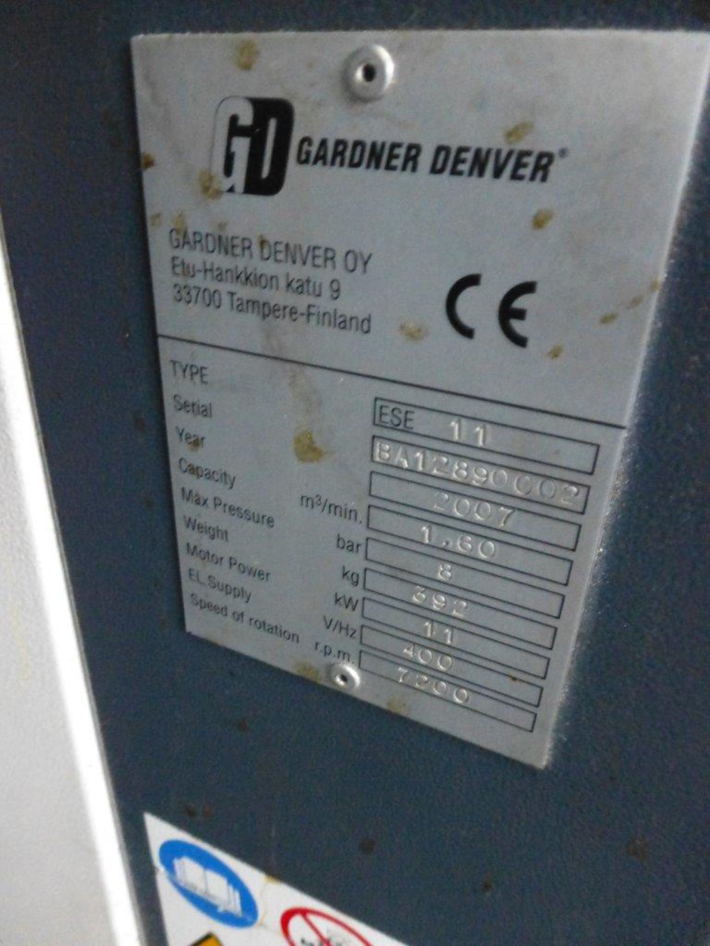 Gardner Denver type ESE11 8-bar rotary screw compressor (2007) Serial no. BA12890002 - Image 2 of 2