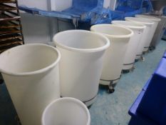 5 plastic cylindrical mixing bins on stainless steel trolley, 600mm dia x 900mm depth and 2 others