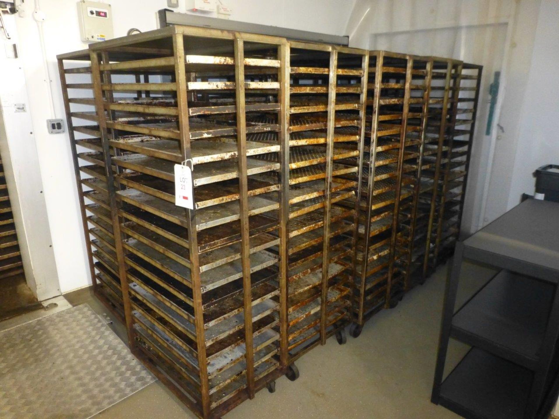 10 x 18-tier bakery trolleys c/w trays, 770mm x 520mm x 1780mm high