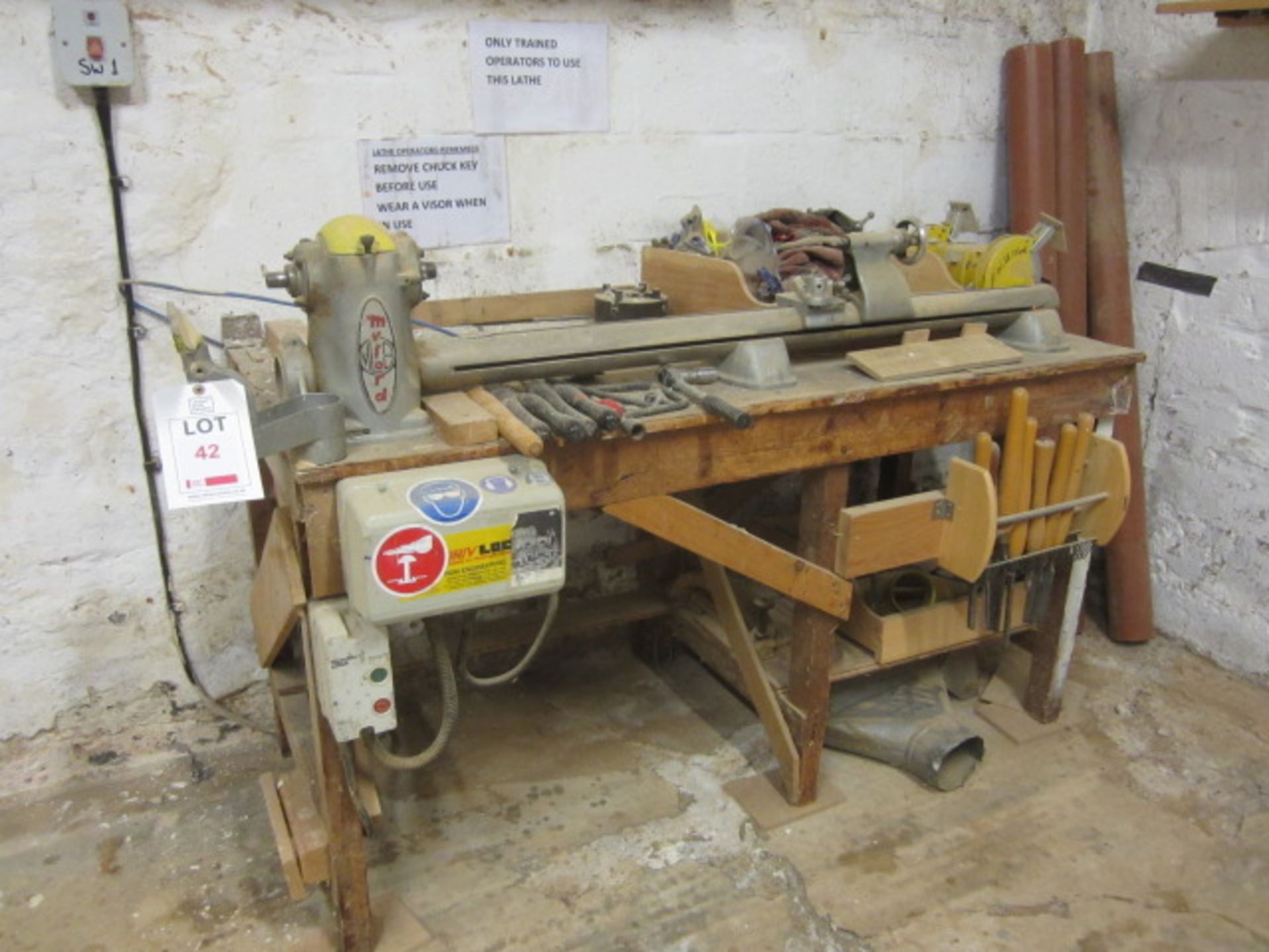 Myfold bench top wood turning lathe, Driv Loc electronic DC injection brake, various hand tools,