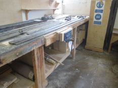 2 x timber carpenters benches with 2 x vices, approx. size 2450mm x 1050mm x 930mm