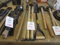 Quantity of assorted pick axe heads and handles, 4 x sledge hammers, posthole shovels, forks etc.